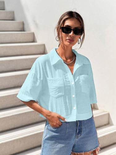 Image of TOPLOT V-Collar Solid Crop Shirt for Women with Half Sleeves, Polyester, Regular Fit
