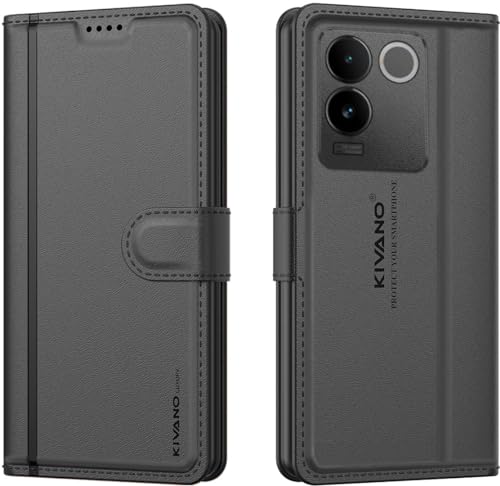 Image of KIVANO LUXE Compatible for Vivo T2 Pro 5G / IQOO Z7 Pro 5G Luxury Handmade Leather Magnetic Flip Folio Case | Card Holder & Kickstand | Slim Protective Cover | Unisex - Black