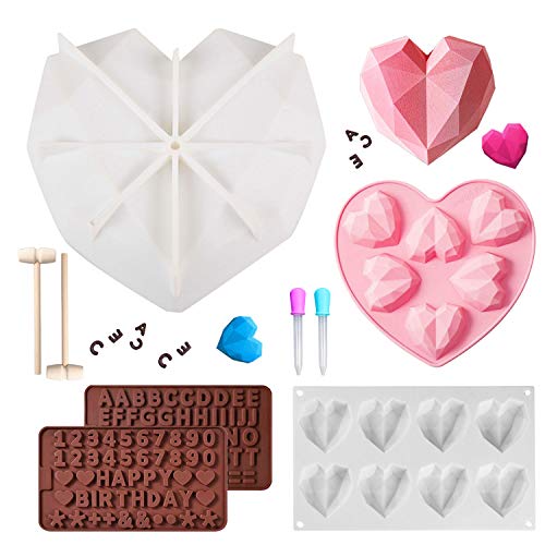 Silicone Chocolate Cake Molds Diamond Heart Shape with Wooden Hammers Pounding Toy and Letters Happy Birthday/Numbers Molds