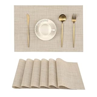 Leetaltree Beige Placemats Set of 6 - Heat Resistant Non-Slip Place mats for Dining Table, Washable Durable PVC Vinyl Woven Table Mats(Beige, 6)