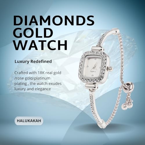 Image of Halukakah Kids' Sparkling Diamond Watch - 18k Real Gold /Rose Gold /Platinum Plated - Multiple Colors Rectangle Dial - Quartz Adjustable Stainless Steel Wristwatch - Suitable for Boys and Girls