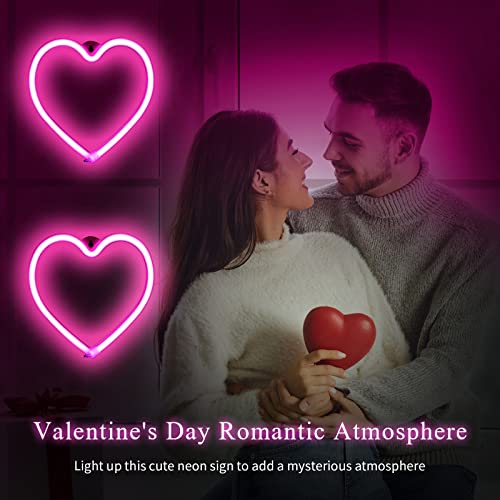 Tarpop 2 Pcs Neon Heart Lights Pink Heart Neon Signs LED Valentines Day Decor Battery Operated or USB Powered LED Lights for Girls Room Wall Dorm Wedding Anniversary Decoration
