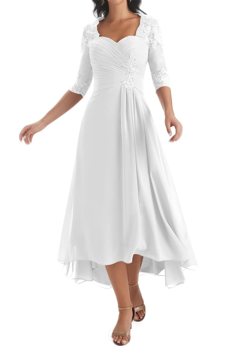 HPPEE High Low Mother of the Bride Dresses for Women with Sleeves A Line Chiffon Lace Applique White Formal Mother of Groom Dress UK14