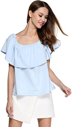 EOVVIO Women's Summer Ruffles Off The Shoulder Chiffon Tops Blouse (L, SkyBlue)