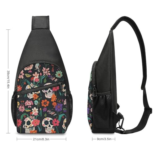 Mochila tipo sling con diseño calavera floral para senderismo miniatura 2