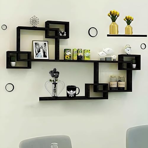 Image of Total Art Craft Engineered Wood Painted Floating Wall Mounted Set of 9 Cube with 3 Shelves for Living Room, Bedroom (Full Black)