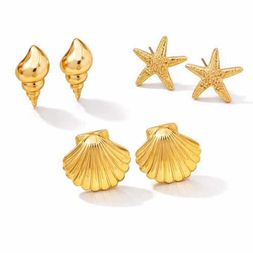 3 Pairs Beach Earrings for Women 14K Gold Starfish Conch and Seashell Stud Earrings Set Ocean Jewelry Summer Beach Accessories Statement Earrings for Parties and Vacations