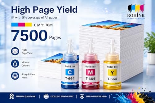 Image of ROHINK EP T664 Compatible Refill Ink for Epson L130, L360, L380, L361, L565, L210, L220, L310, L350, L355, L365, L385, L550, L555, L605, L1300 Printer - 70ml x 3CYM (Color Combo Pack 3)