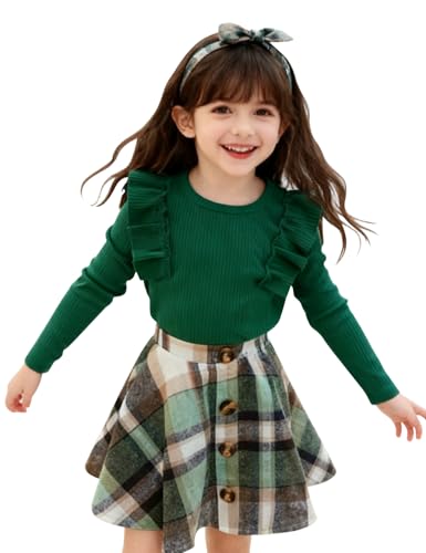 Image of AGQT Toddler Girls Fall Winter Clothes Long Sleeve Ribbed T-Shirt Knit Tops Plaid Button Mini A-line Skirts Set Outfits