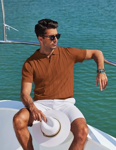 Image of COOFANDY Mens Polo Shirts Short Sleeve V Neck Knit Shirts for Men Casual Old Money Clothes Mens Golf Shirt