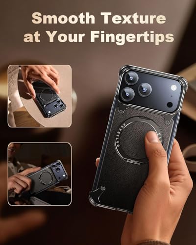 Image of Aluminum Frame Metal Bumper Compatible with iPhone 17 Pro Max | Simple Shield Air Cushion Shockproof | Edge Protection, Minimalist Slim - Black (Frame-Leather -Black, iPhone 17 Pro)