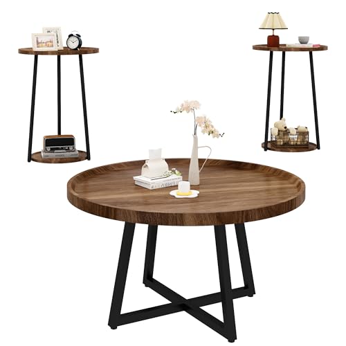 AWQM Coffee Table and End Table Sets, Round Coffee Table Set & 2 End Side Tables, Easy Assembly Vintage Living Room Table Set of 3, Suitable for Offices, Living Rooms and Apartments, Walnut