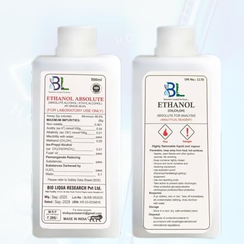 High-Premium Quality Double-Distilled 99.9% Purity Denatured Ethanol ISO 9001:2015 Certified Suitable for Analytical & Laboratory Use Generic Brand | Net Volume: 500 ml