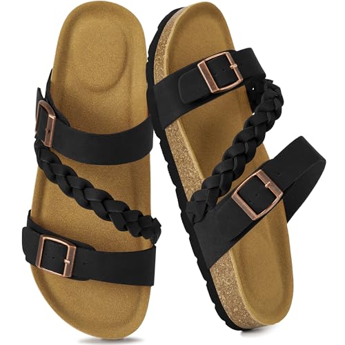 Image of HARENCE Flat Sandals for Women 2026 Comfort Cork Footbed with Adjustable Buckle Summer Slides for Women for Vacation Walking