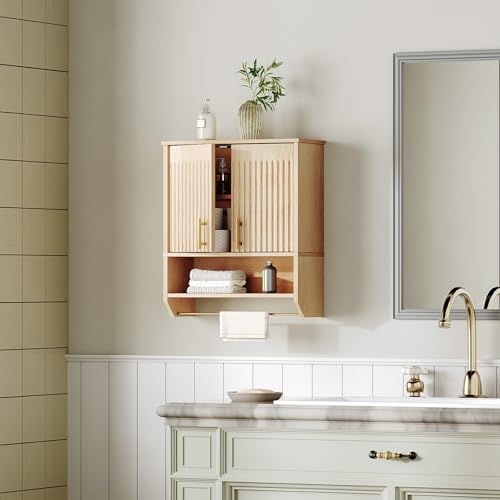 HOOBRO Fluted Bathroom Wall Cabinet, Farmhouse Medicine Cabinet with 2 Fluted Doors, Wall Storage Shelf with Towel Rack, Adjustable Shelf, for Small Spaces, Bathroom, Kitchen, Natural - Image 6