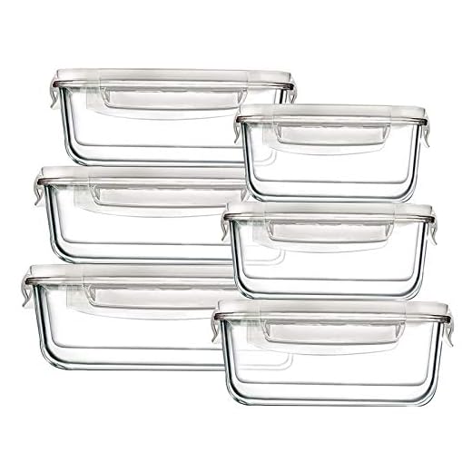 Bayco stora glasmatförvaringsbehållare med lock, [12 del] glas måltid förberedelse behållare, lufttäta glas Bento lådor, BPA-fri & FDA-godkända och läckagesäker (6 lock och 6 behållare) (fyrkantig och rektangel)