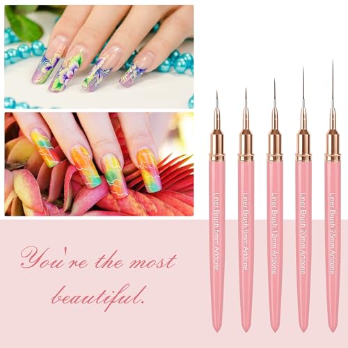 Image of Artdone Metallic Nail Art Pens, Liner Brushes Set, 5PCS Pink Nail Tools | For Long Lines, Thin Details, Fine Drawing, Liner Brush UV Gel Polish Painting Nail Design Sizes 5 /8 /12 /20 /25mm