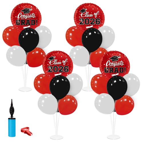 Graduation Decorations - 4 Set Balloon Stands Class of 2026 Congrats Grad Table Centerpieces for Graduation Party Supplies(Red & Black)