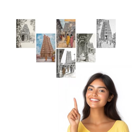 Image of SiddArtify South Indian Temple Architecture Black - Sepia Art Print Set - Set of 2-4x6 Inch - Board (Pack of 6) - Sticker (Pack of 6) Wall Room Decoration art Poster Prints