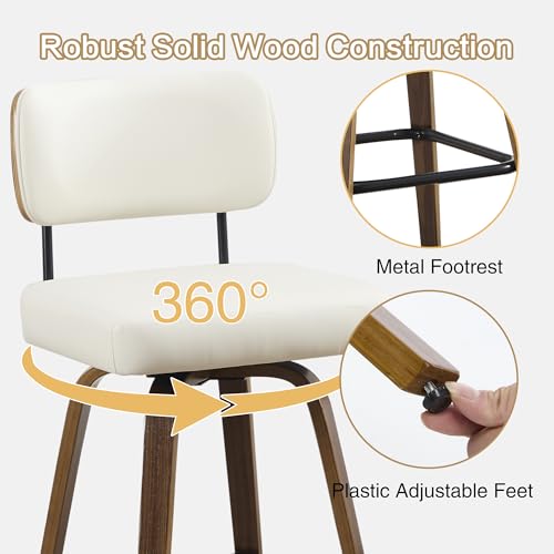 Butacos VipDesk de altura para barra, set de 2 unidades, tapizados en cuero sintético, con respaldo y patas de madera de nogal, estilo moderno - Blanco miniatura 5