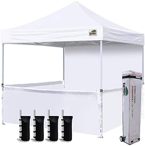 Eurmax 10'x10' Ez Pop-up Booth Canopy Tent Commercial Instant Canopies with 1 Full Sidewall & 3 Half Walls and Roller Bag, with 4 SandBags + 3 Cross-Bar(White)