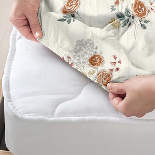 Image of Story@Home Cloud Cotton Fitted BEDSHEET (72 X 78 Inch) 360 Elastic King Size with 2 Pillow Covers | Super Soft Bed Sheet for King Size Bed Floral Design (White, Brown)