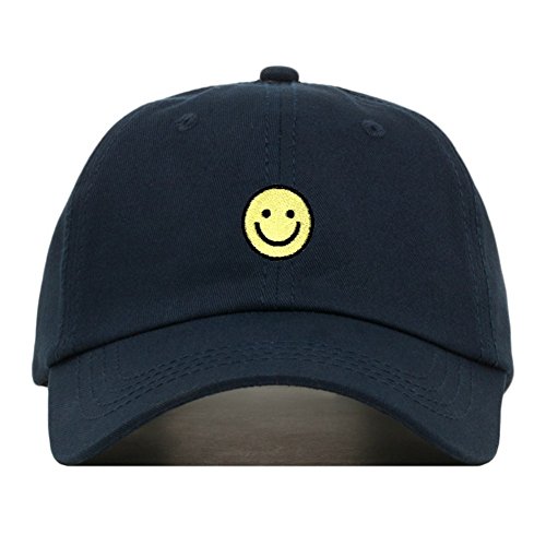 Smiley Face Dad Hat, Embroidered Baseball Cap, 100% Cotton, Unstructured Low Profile, Adjustable Strap Back, 6 Panel, One Size Fits Most (Multiple Colors) (Navy)