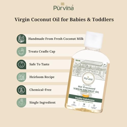 Image of Purvina Pure Baby Massage Oil (Ventha Velichenna) - 100 ml | Traditional Coconut Milk Oil | Safe for Newborns, Babies, Toddlers | Urukku Velichenna | Hair & Skin