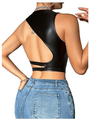 Floerns Women's Cut Out Backless Crop Top Round Neck Leather Sleeveless Club Tank Tops Black Medium