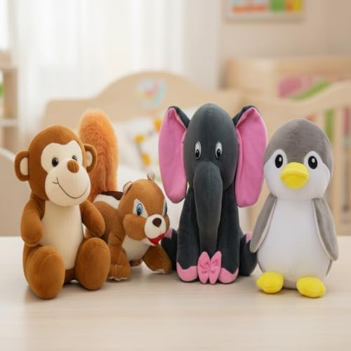 Image of Pack of 4 Elegant Soft Toys Combo Plush Stuffed Animals (Monkey, Squirel, Grey Appu, Grey Penguin)