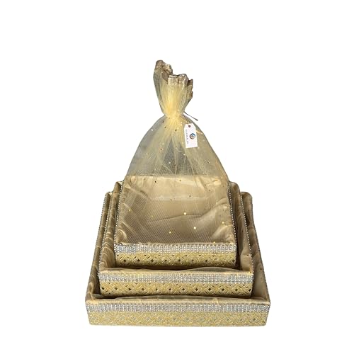 Image of (Set of 3-8 inch,10 inch,12 inch inch, Square, Beige-Stone Lace) MDF Base Designer Gift Hamper Packaging Baskets with Net Cover, Gift Hamper Organiser Perfect for Any Occasion