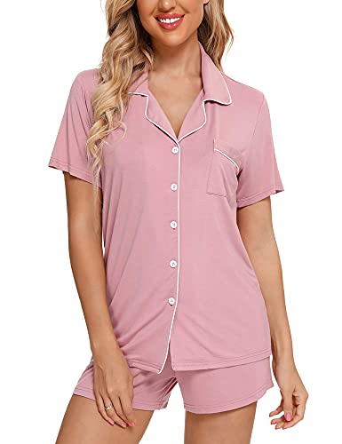 Image of Anjue Womens Pajamas Set Short Sleeve Sleepwear Button Down Nightwear Shorts Soft Pj Sets S-XXL