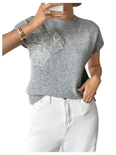 Image of SOLY HUX Women's Short Sleeve Sweater 3D Floral Sweaters Pullover Tank Tops Knit Vest Trendy Fashion Clothing Grey White Floral X-Small