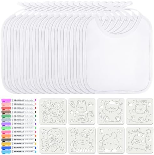 Aolso Baby Lätzchen zum Bemalen - 14 Stück - Mit 14 Textilstiften und 8 Zeichenvorlagen - Wasserdichtes Lätzchen (20 * 24cm)