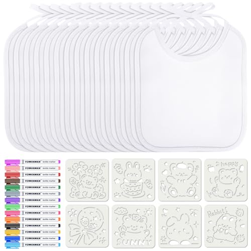 Aolso Baby Lätzchen zum Bemalen - 14 Stück - Mit 14 Textilstiften und 8 Zeichenvorlagen - Wasserdichtes Lätzchen (20 * 24cm)