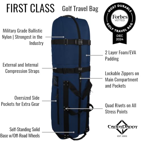 CaddyDaddy First Class Military Grade Ballistic Nylon Travel Cover with EVA Dense Foam Top Padding 2 Year Full Replacement Coverage Self Standing Base XL Wheels Case for Transporting Clubs on Airlines
