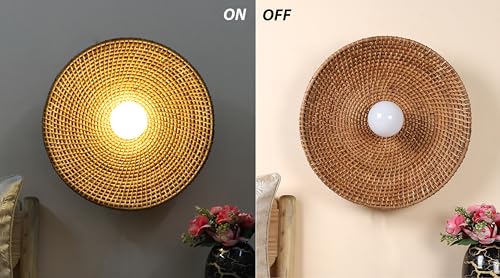 Image of AKWAY Rattan Wall Lamps for Living Room | Bamboo Wall Lights for Bedroom | Cane Wall scones for Home Decoration (Cane Big Saucer - Brown)