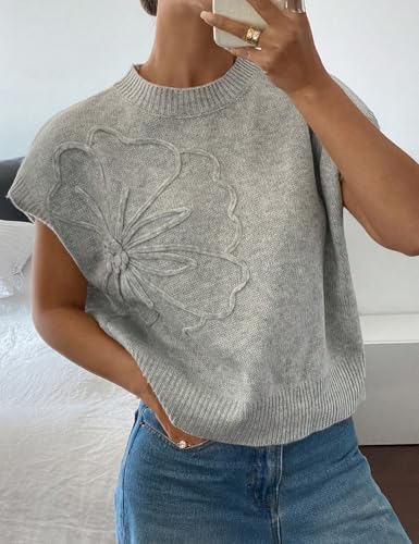 Womens Casual Floral Flower Sweater Vest Crew Neck Sleeveless Summer Loose Ribbed Knit Pullover Tops4