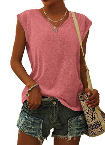 WNEEDU T Shirt Femme à Manches Courtes Tee Shirt Femme col V Hauts D'été Tops de Base Blouses Décontractés Corail XL