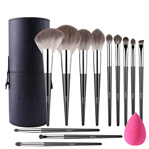 BEILI Professional Makeup Brush Set includes 12pcs Synthetic Loose Powder Eyeshadow Eyebrow Eyeliner Blush Concealer Brush Set and 1pc Makeup Sponge with Brush Bucket