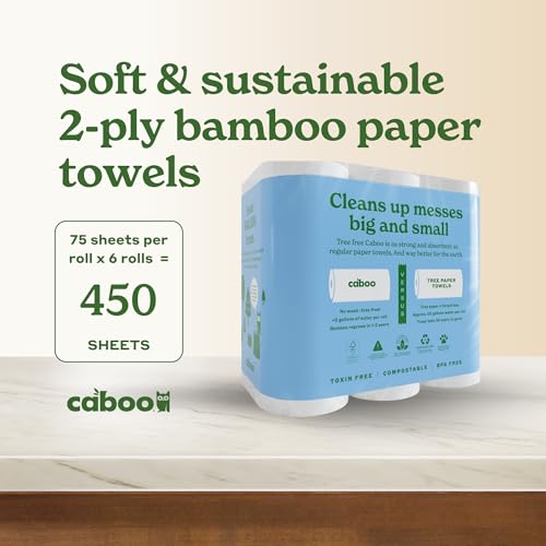 Caboo Tree Free Paper Towels, 6 Rolls, Eco Friendly, Earth Friendly, Sustainable Kitchen Paper Towels with Strong 2 Ply Sheets