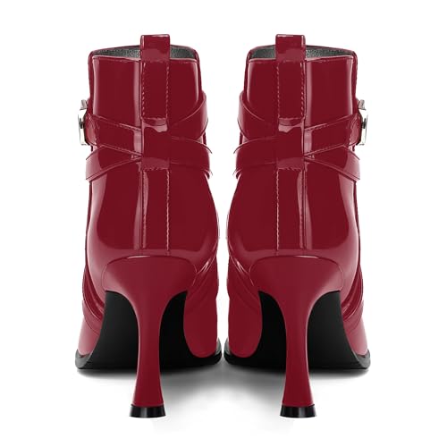 MODENCOCO Womens Dress Patent Ankle Strap Buckle Round Toe Zip Wedding Stiletto High Heel Ankle High Boots 3.3 Inch4