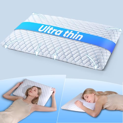 Wuly4ever Ultra Thin Memory Foam Pillow 2.25 inch for Stomach Sleepers Low Profile Flat Pillow for Minimal Height Support Slim Pillow With Removable Cooling Cover 60×40×5.7cm