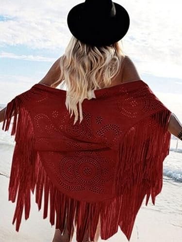 Chal de Flecos Boho para Playa y Capa Vintage Calada de Gamuza Caqui 7