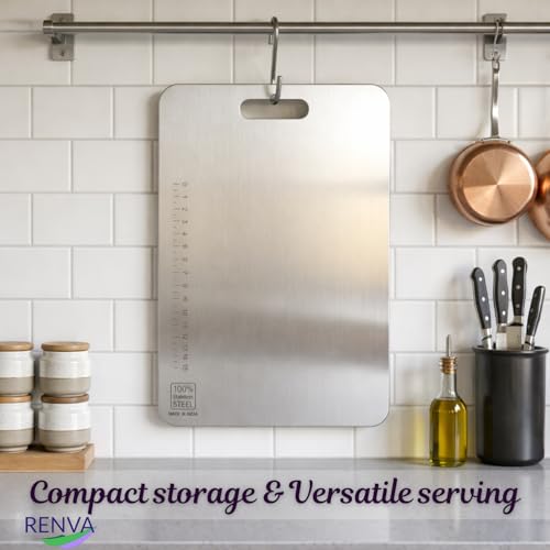 Image of RENVA Stainless Steel Cutting Boards for Kitchen, Double Sided Food-Grade 304 Chopping Board for Meat, Fruit & Vegetable, Rust Resistant Hangable Cutting Board(36x25 cm Silver)