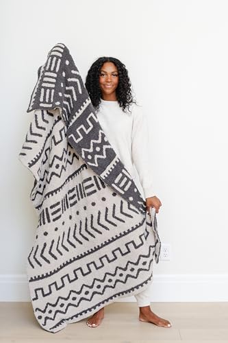 Image of SARANONI Throw Blanket | Breathable Double Layer Soft, Plush Decorative Comfy Blankets for Couch or Bed | Cream and Black, Mudcloth - 50 inch x 60 inch