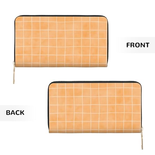 Orange Hand Drawn Grid Print Wallet Women Men, Long PU Leather Wallets for Women, Cute Womens Travel Wallet Purse Pouch with Zipper Pocket2