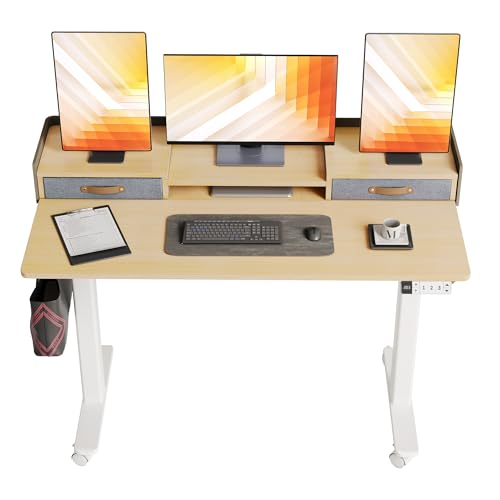 Image of Claiks Standing Desk with Drawers & Wheels, 2 Height Shelf 55 inch Natural
