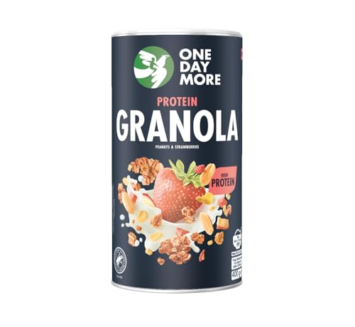 OneDayMore Protein Granola | 450g Viele Früchte Haferflocken Müsli | Vegan Fit Muesli Essen 27,3g Eiweiss Frühstück 100% Natürlich | Kakao Erdbeeren Musli