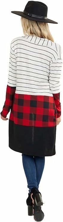 Lacozy Women's Open Front Long Cardigan Draped Snap Buffalo Plaid Shirt Kimono Cardigan Knit Sweater - Image 5